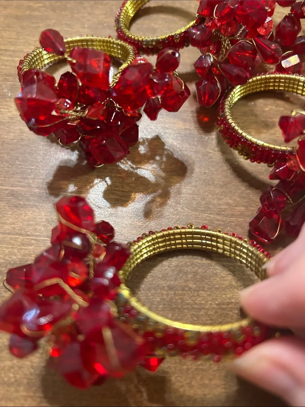 Six Red Beaded Cluster Napkin Rings